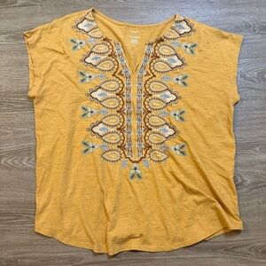 Pure Jill J. Jill Mustard Yellow Embroidered Top Western Boho Indie Sz L Petite‌